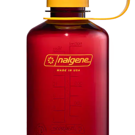 Red Nalgene water bottle with yellow lid on a white background