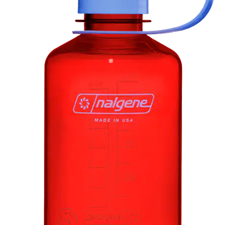 Red Nalgene water bottle with a blue cap on a white background