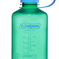 Green Nalgene water bottle with a blue cap on a white background
