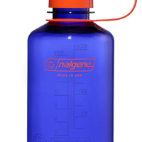 Blue water bottle with an orange cap on a white background