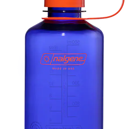 Blue water bottle with an orange cap on a white background