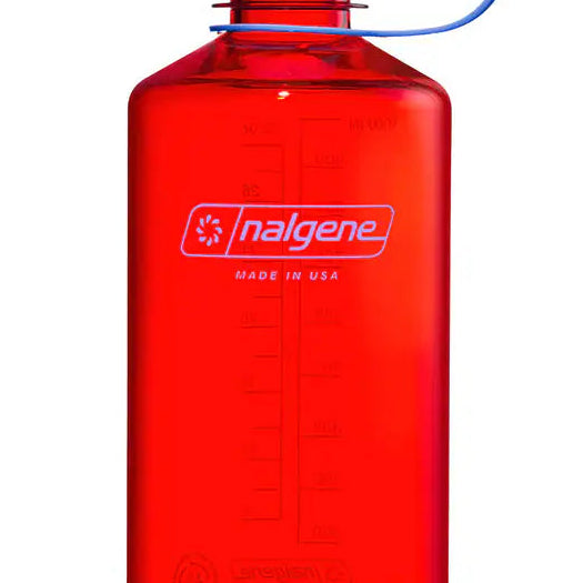 Red Nalgene water bottle with a blue cap on a white background