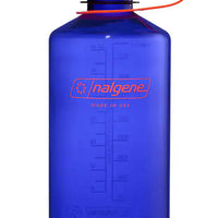 Blue Nalgene water bottle with an orange cap on a white background