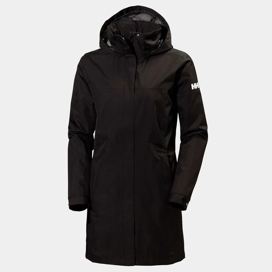 Black raincoat with a hood on a light gray background