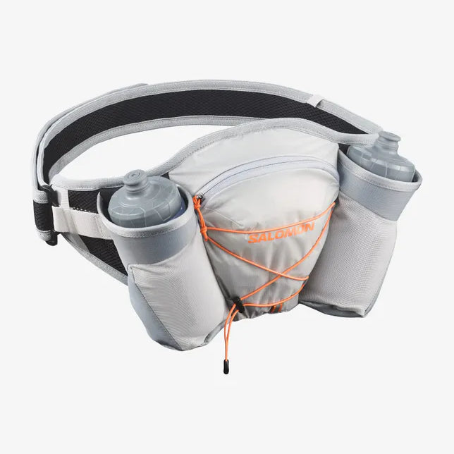 Salomon running belt with water bottles on a white background