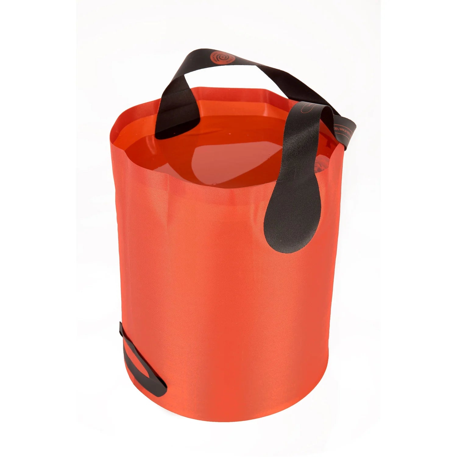Orange collapsible bucket with black handles on a white background