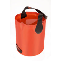 Orange collapsible bucket with black handles on a white background