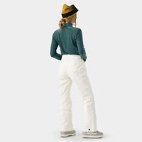 Person wearing a green jacket, white pants, and a yellow and black beanie on a white background