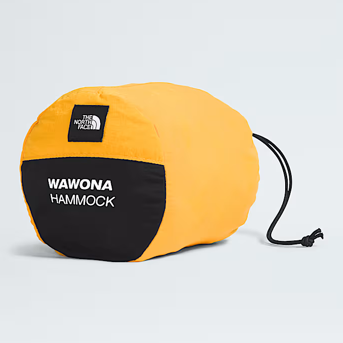 Yellow and black hammock cover with 'Wawona Hammock' branding on a light gray background