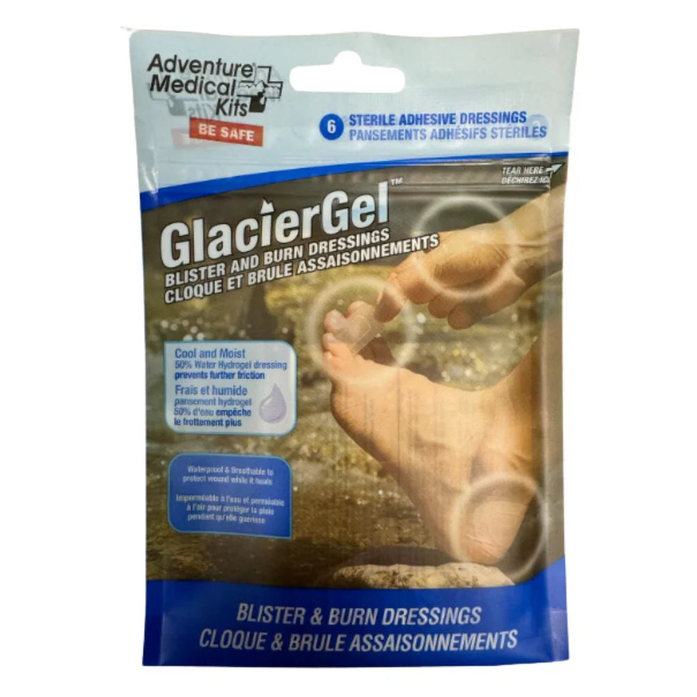 Pack of GlacierGel blister and burn dressings by Adventure Medical Kits on a white background