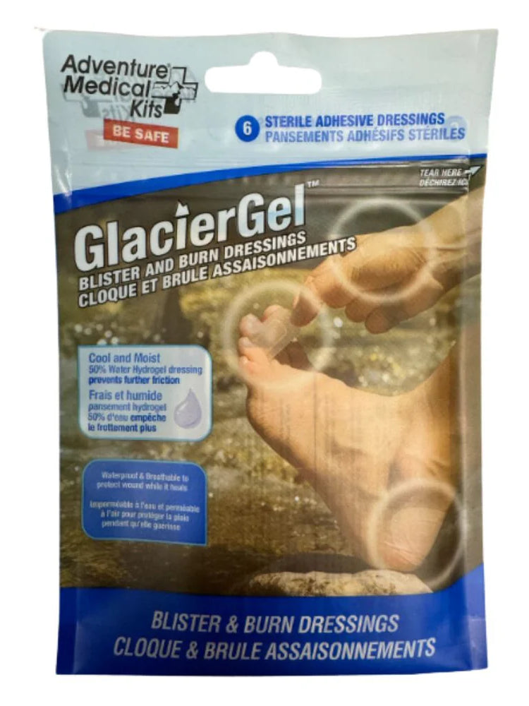 Pack of GlacierGel blister and burn dressings by Adventure Medical Kits on a white background