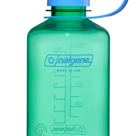 Green Nalgene water bottle with a blue cap on a white background
