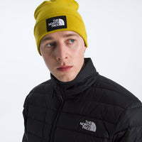 Person wearing a yellow beanie and black jacket with The North Face logo on a white background