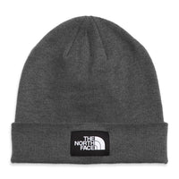 Gray knit beanie with The North Face logo on a white background