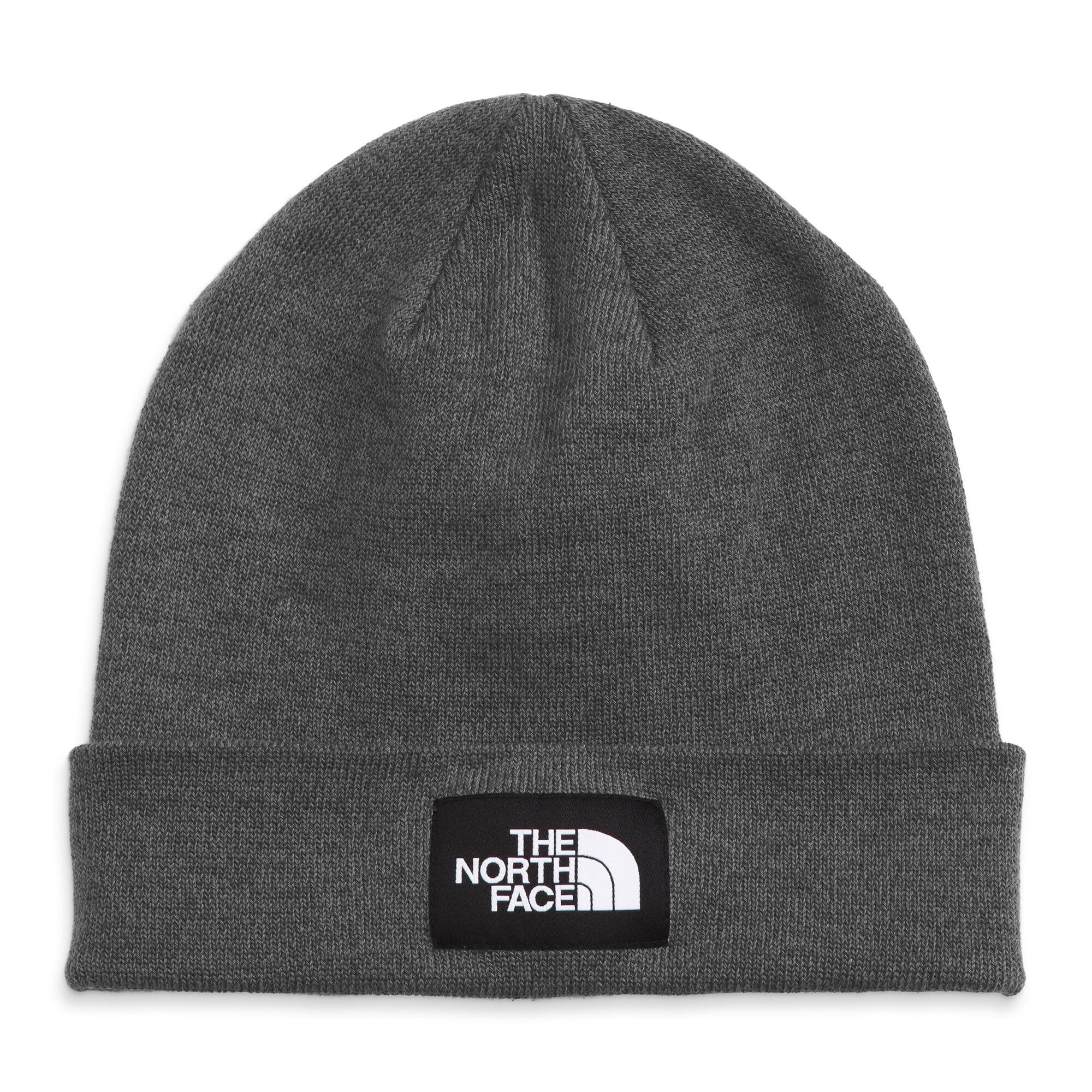 Gray knit beanie with The North Face logo on a white background