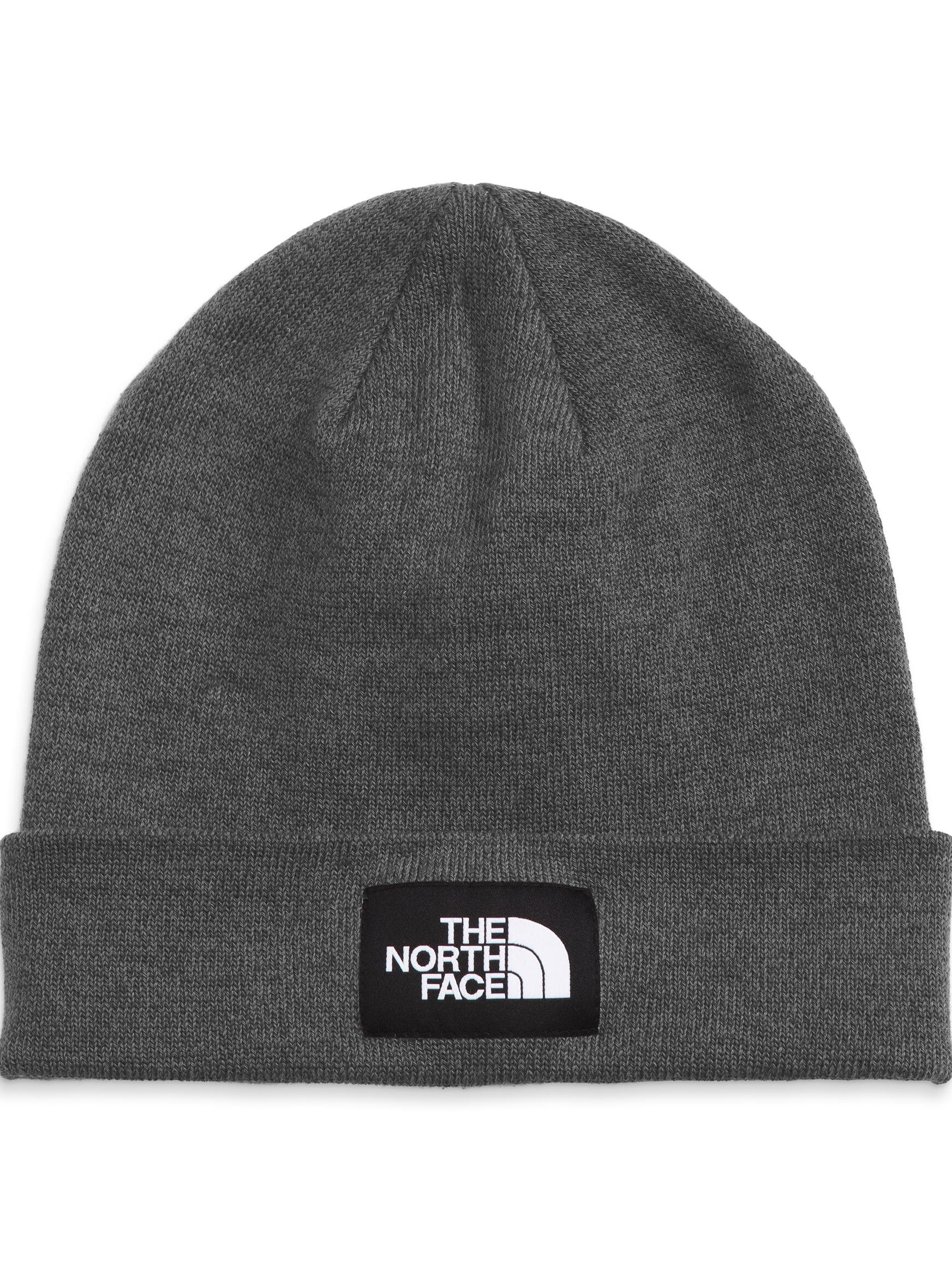 Gray knit beanie with The North Face logo on a white background