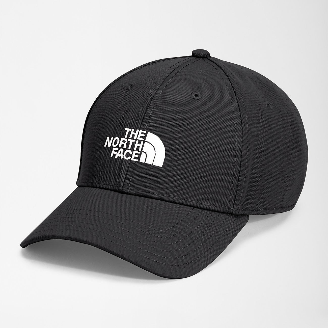 Black cap with The North Face logo on a light gray background