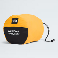 Yellow and black hammock cover with 'Wawona Hammock' branding on a light gray background