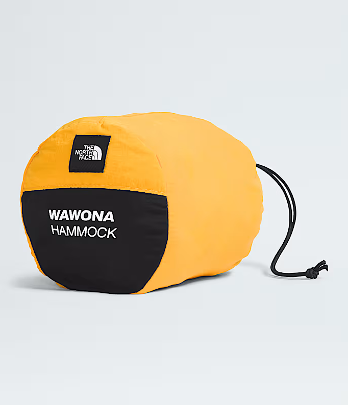 Yellow and black hammock cover with 'Wawona Hammock' branding on a light gray background